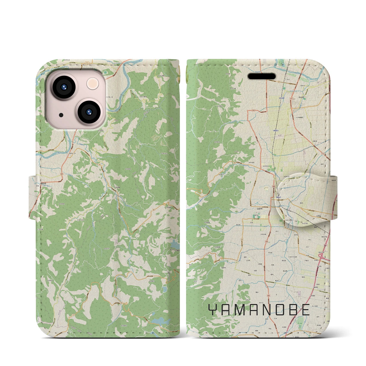 【山辺(山形県)】地図柄iPhoneケース(手帳タイプ)ナチュラル・iPhone 13 mini 用