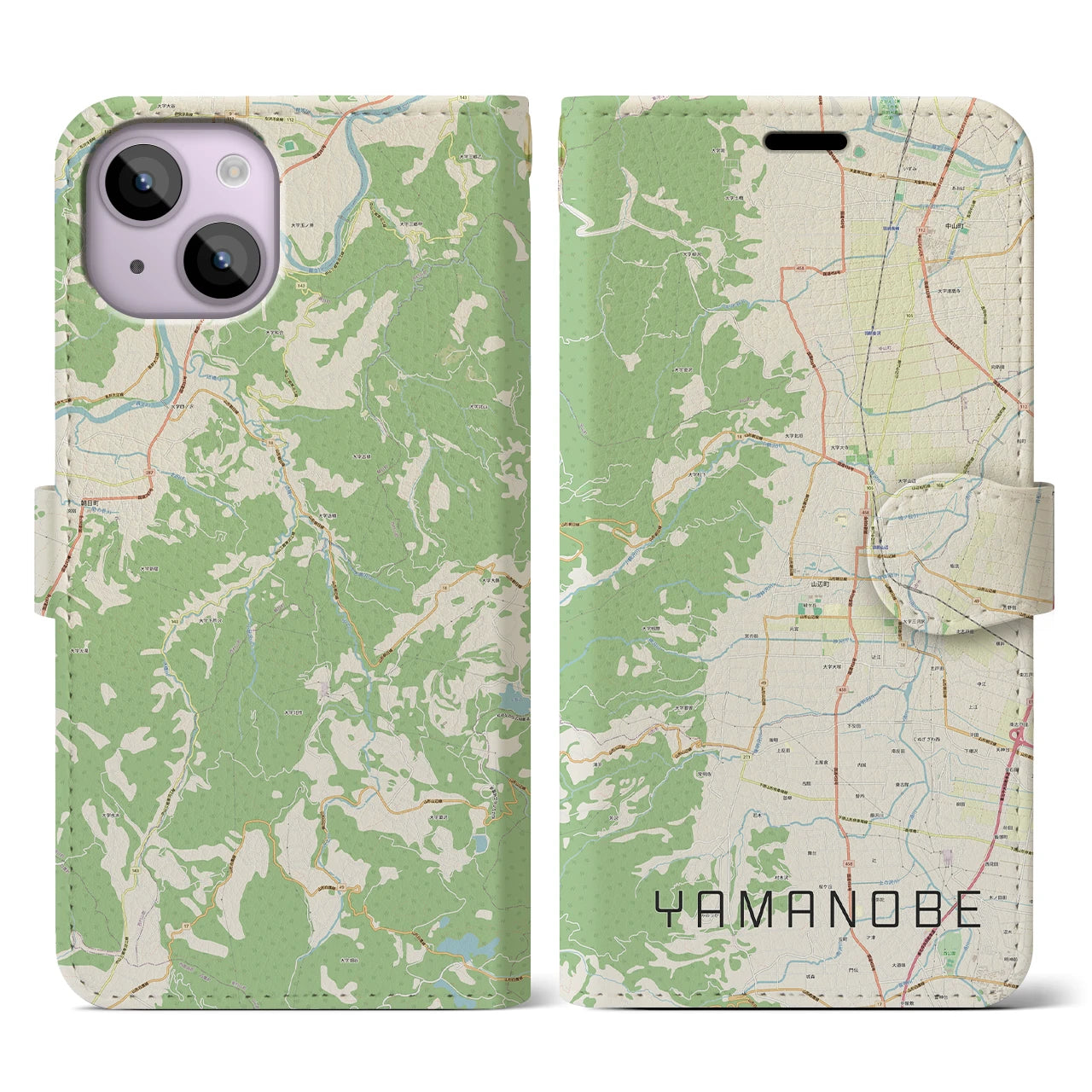 【山辺(山形県)】地図柄iPhoneケース(手帳タイプ)ナチュラル・iPhone 14 用