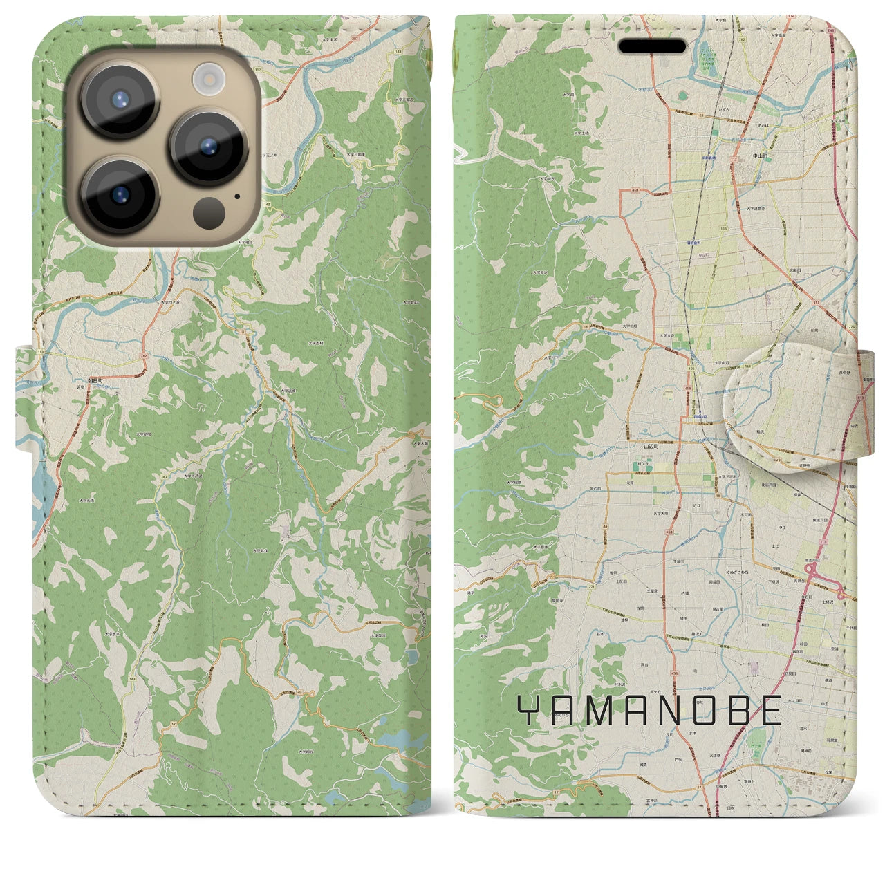 【山辺(山形県)】地図柄iPhoneケース(手帳タイプ)ナチュラル・iPhone 14 Pro Max 用