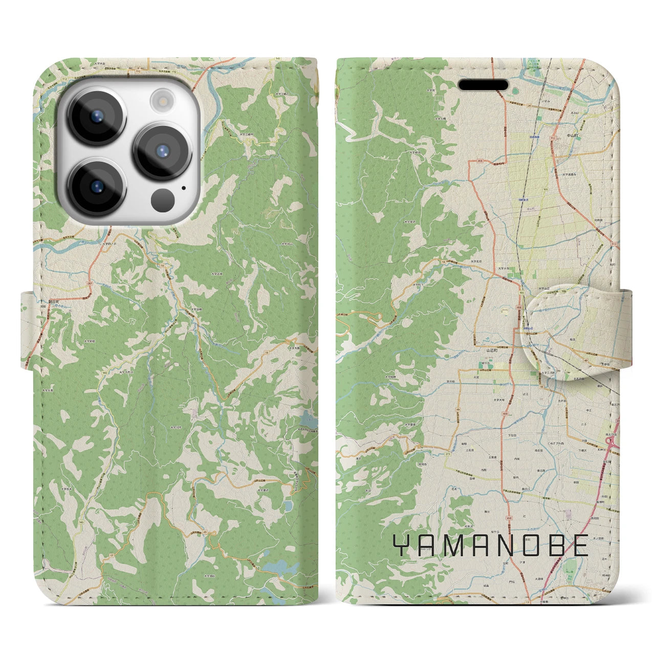 【山辺(山形県)】地図柄iPhoneケース(手帳タイプ)ナチュラル・iPhone 14 Pro 用