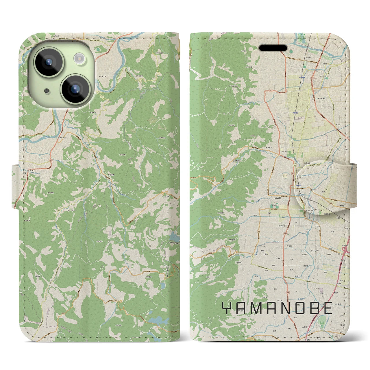 【山辺(山形県)】地図柄iPhoneケース(手帳タイプ)ナチュラル・iPhone 15 用