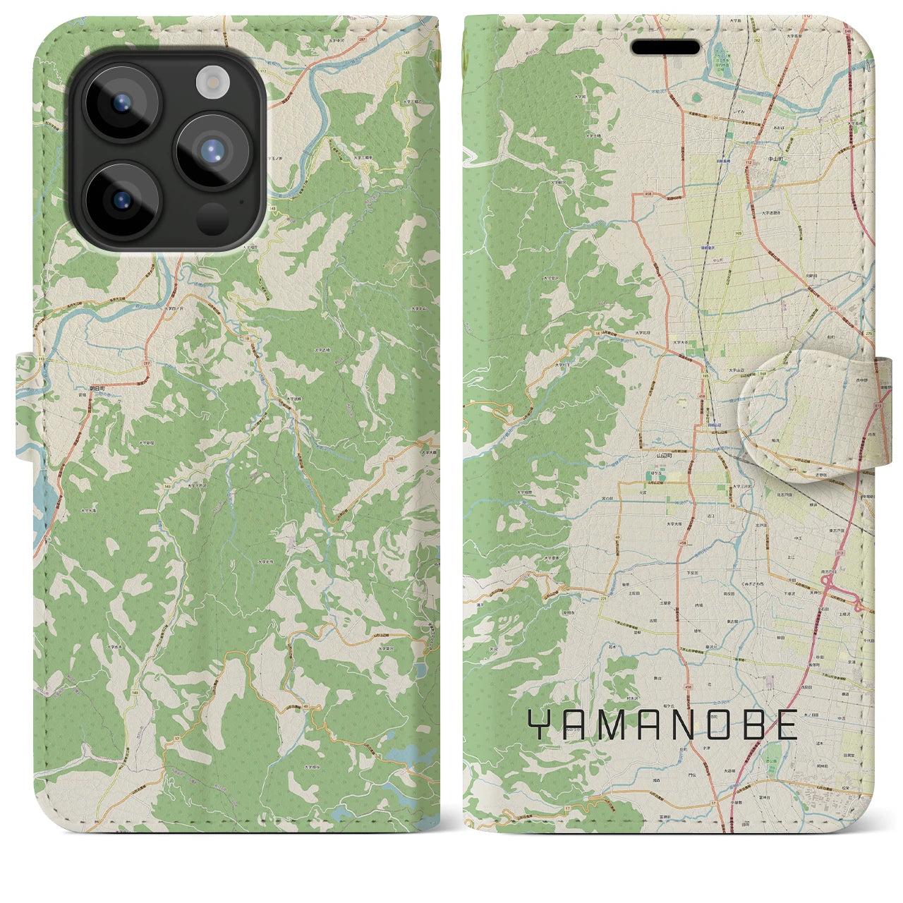 【山辺(山形県)】地図柄iPhoneケース(手帳タイプ)ナチュラル・iPhone 15 Pro Max 用