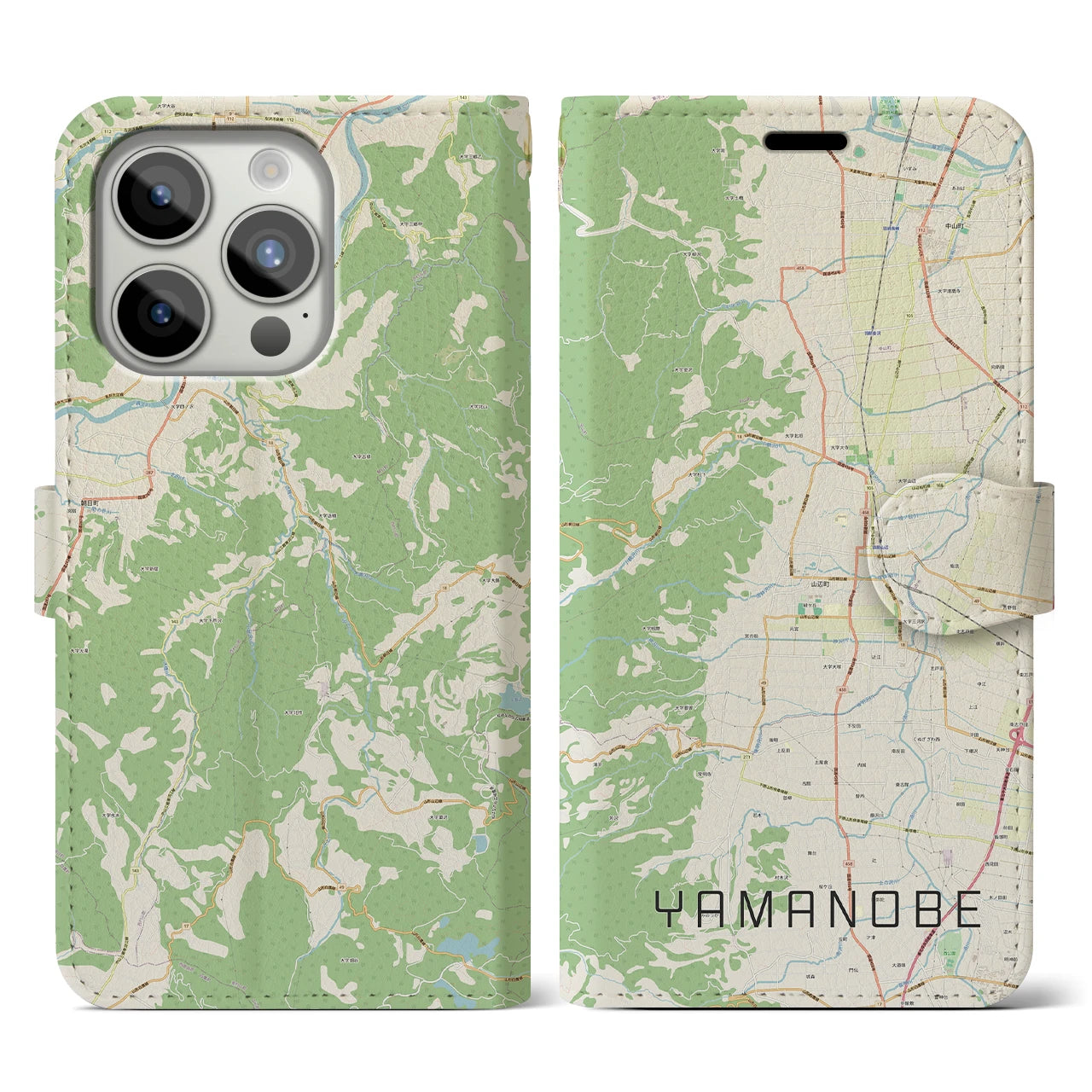 【山辺(山形県)】地図柄iPhoneケース(手帳タイプ)ナチュラル・iPhone 15 Pro 用