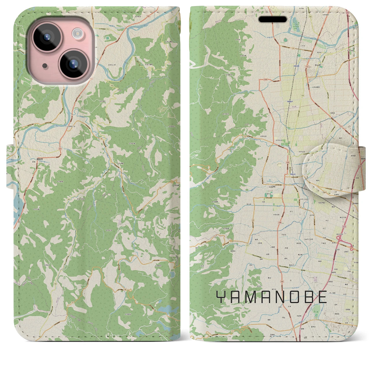 【山辺(山形県)】地図柄iPhoneケース(手帳タイプ)ナチュラル・iPhone 15 Plus 用
