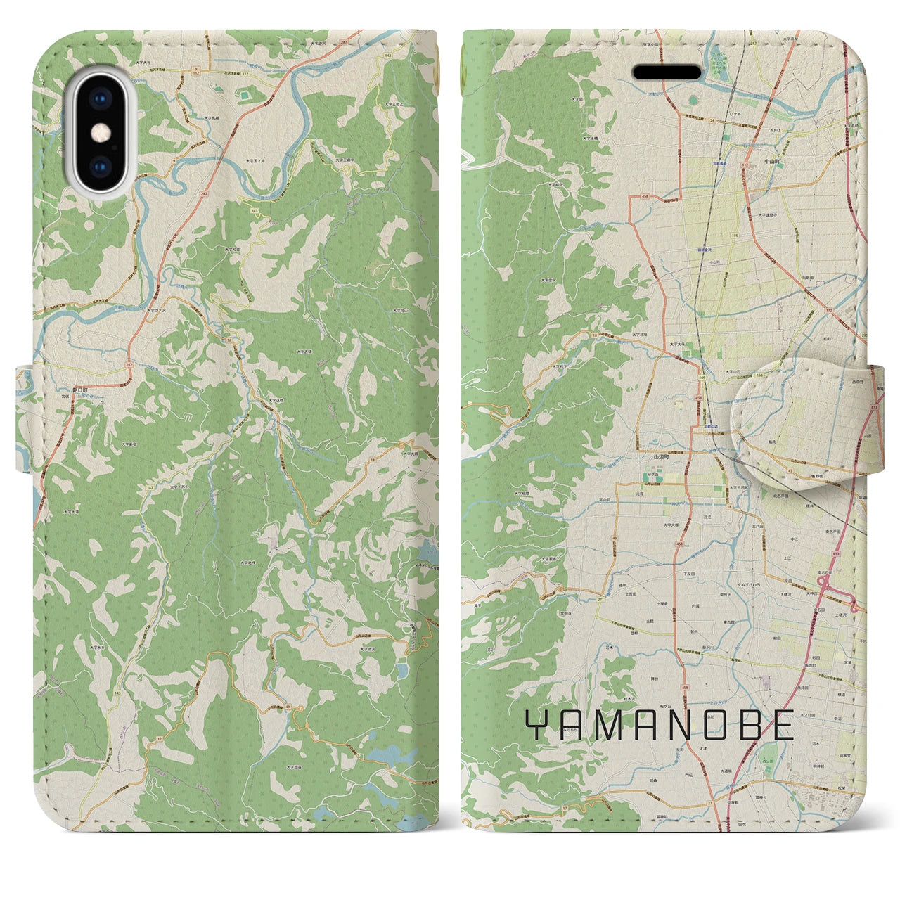【山辺(山形県)】地図柄iPhoneケース(手帳タイプ)ナチュラル・iPhone XS Max 用