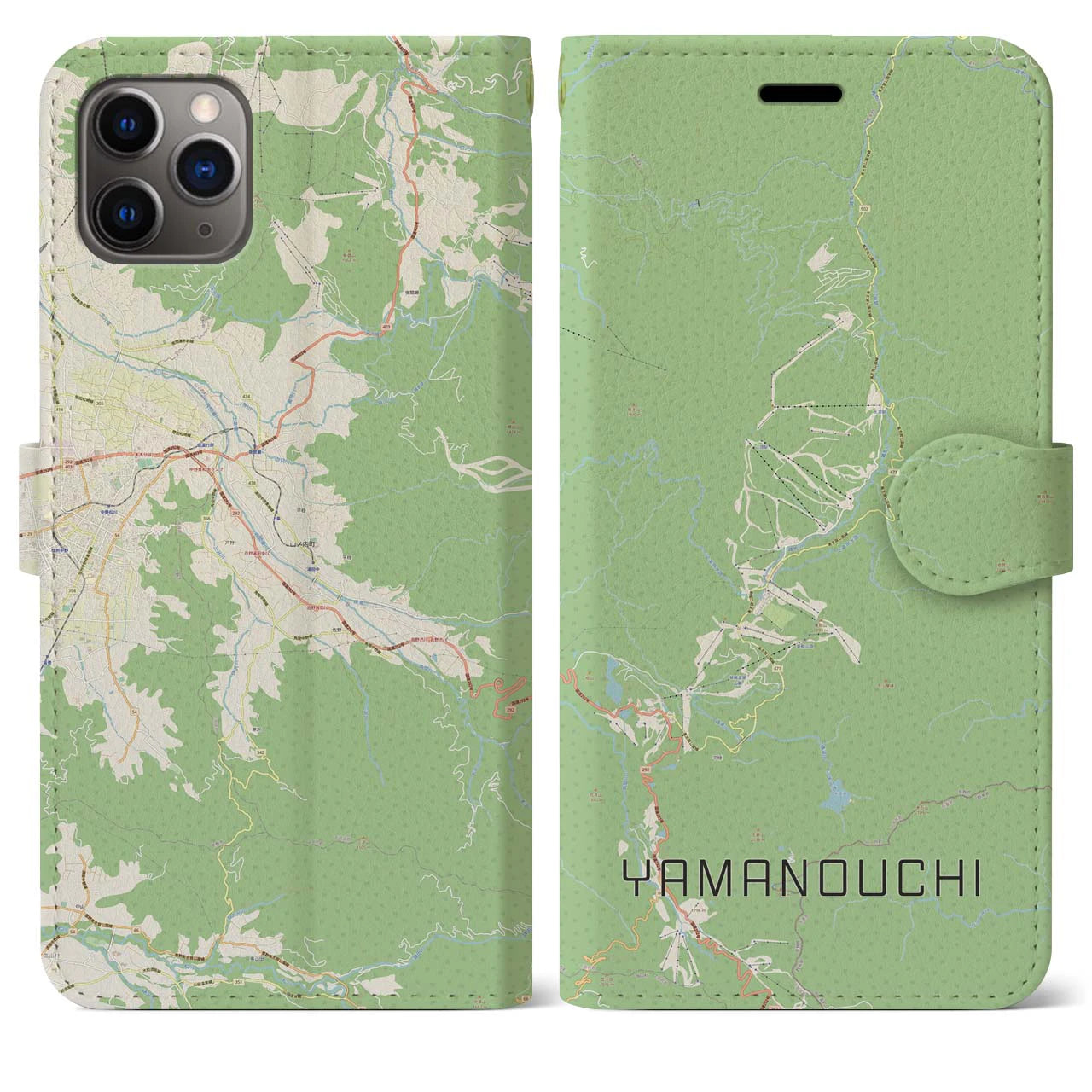 【山ノ内(長野県)】地図柄iPhoneケース(手帳タイプ)ナチュラル・iPhone 11 Pro Max 用