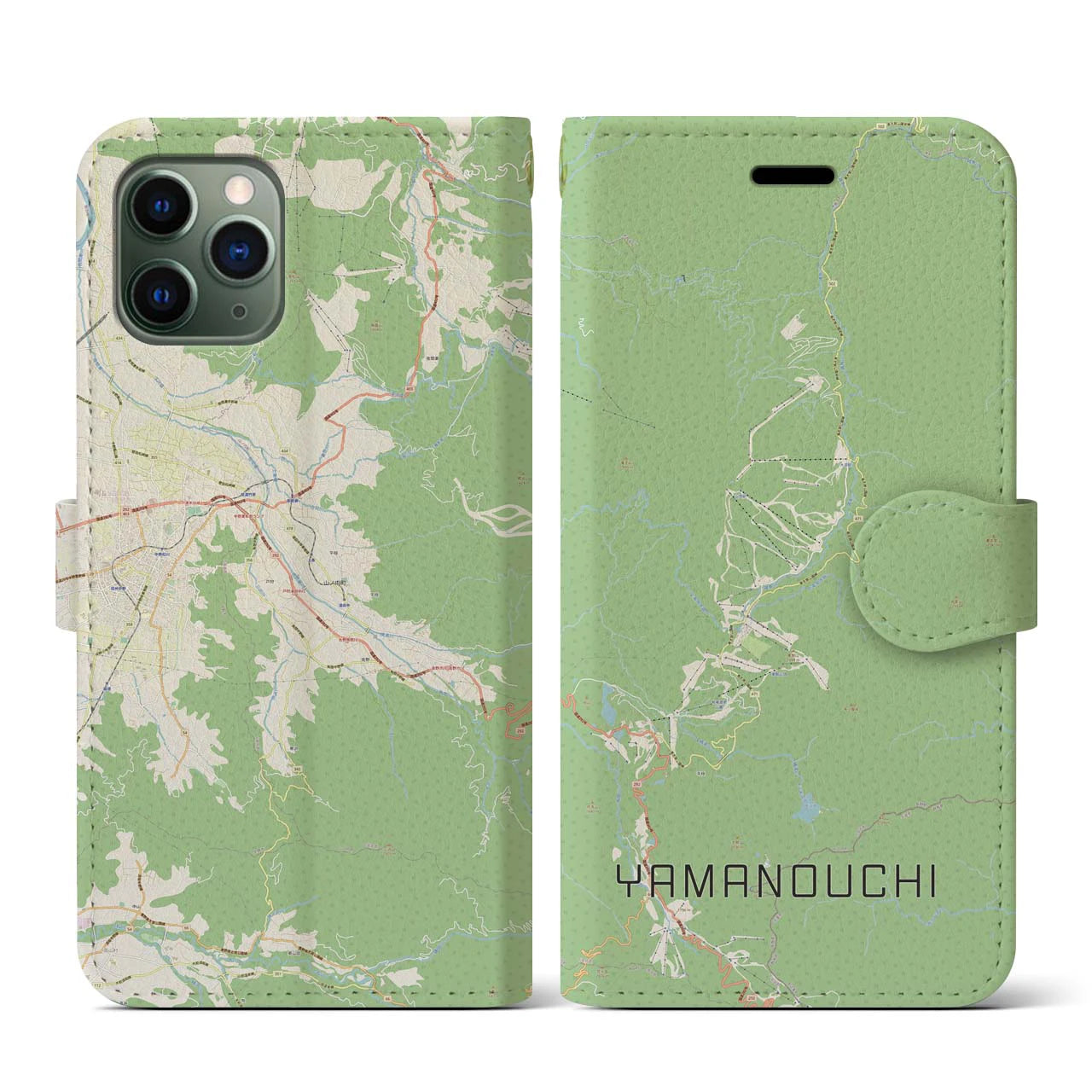 【山ノ内(長野県)】地図柄iPhoneケース(手帳タイプ)ナチュラル・iPhone 11 Pro 用