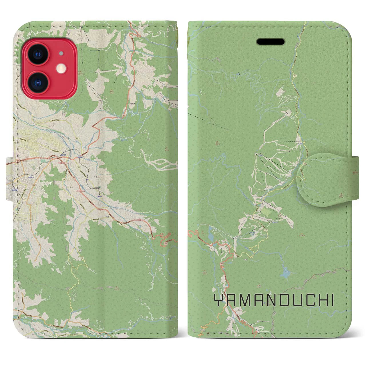 【山ノ内(長野県)】地図柄iPhoneケース(手帳タイプ)ナチュラル・iPhone 11 用