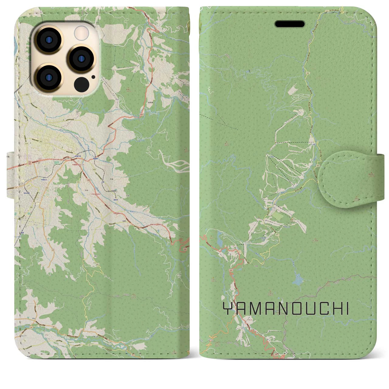【山ノ内(長野県)】地図柄iPhoneケース(手帳タイプ)ナチュラル・iPhone 12 Pro Max 用