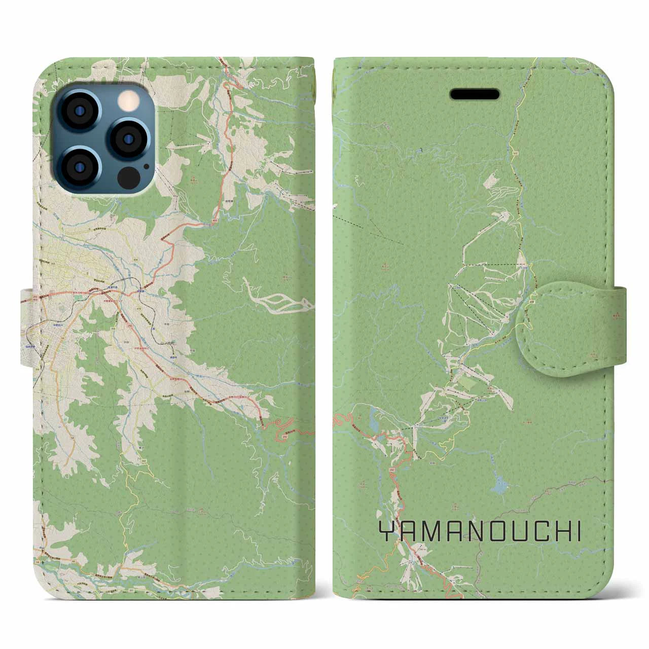 【山ノ内(長野県)】地図柄iPhoneケース(手帳タイプ)ナチュラル・iPhone 12 / 12 Pro 用