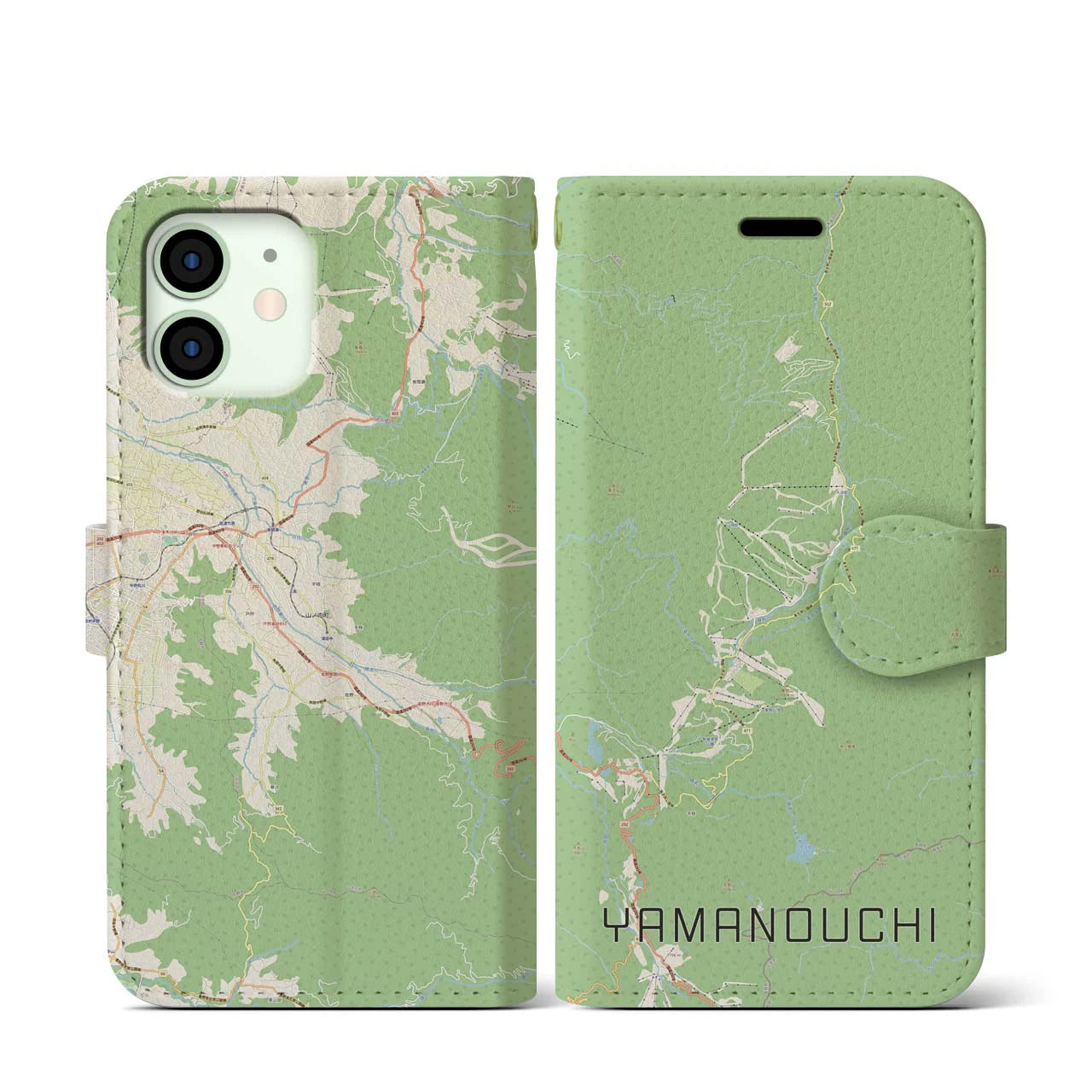 【山ノ内(長野県)】地図柄iPhoneケース(手帳タイプ)ナチュラル・iPhone 12 mini 用