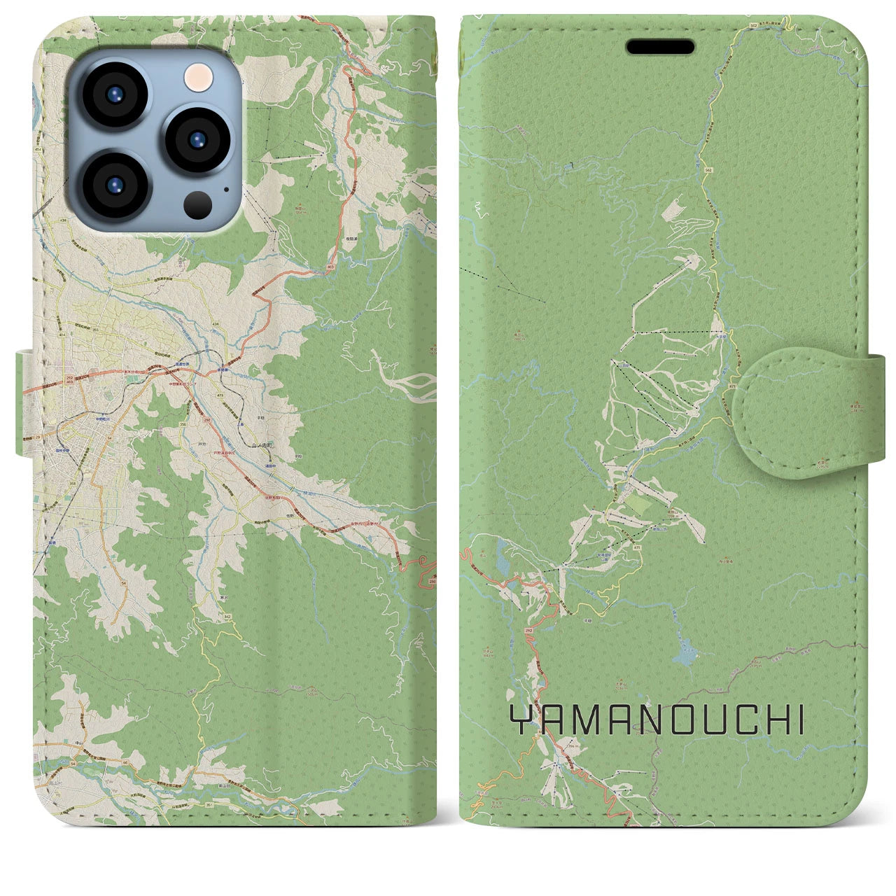 【山ノ内(長野県)】地図柄iPhoneケース(手帳タイプ)ナチュラル・iPhone 13 Pro Max 用