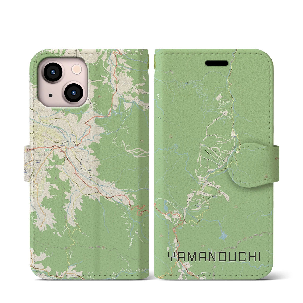 【山ノ内(長野県)】地図柄iPhoneケース(手帳タイプ)ナチュラル・iPhone 13 mini 用