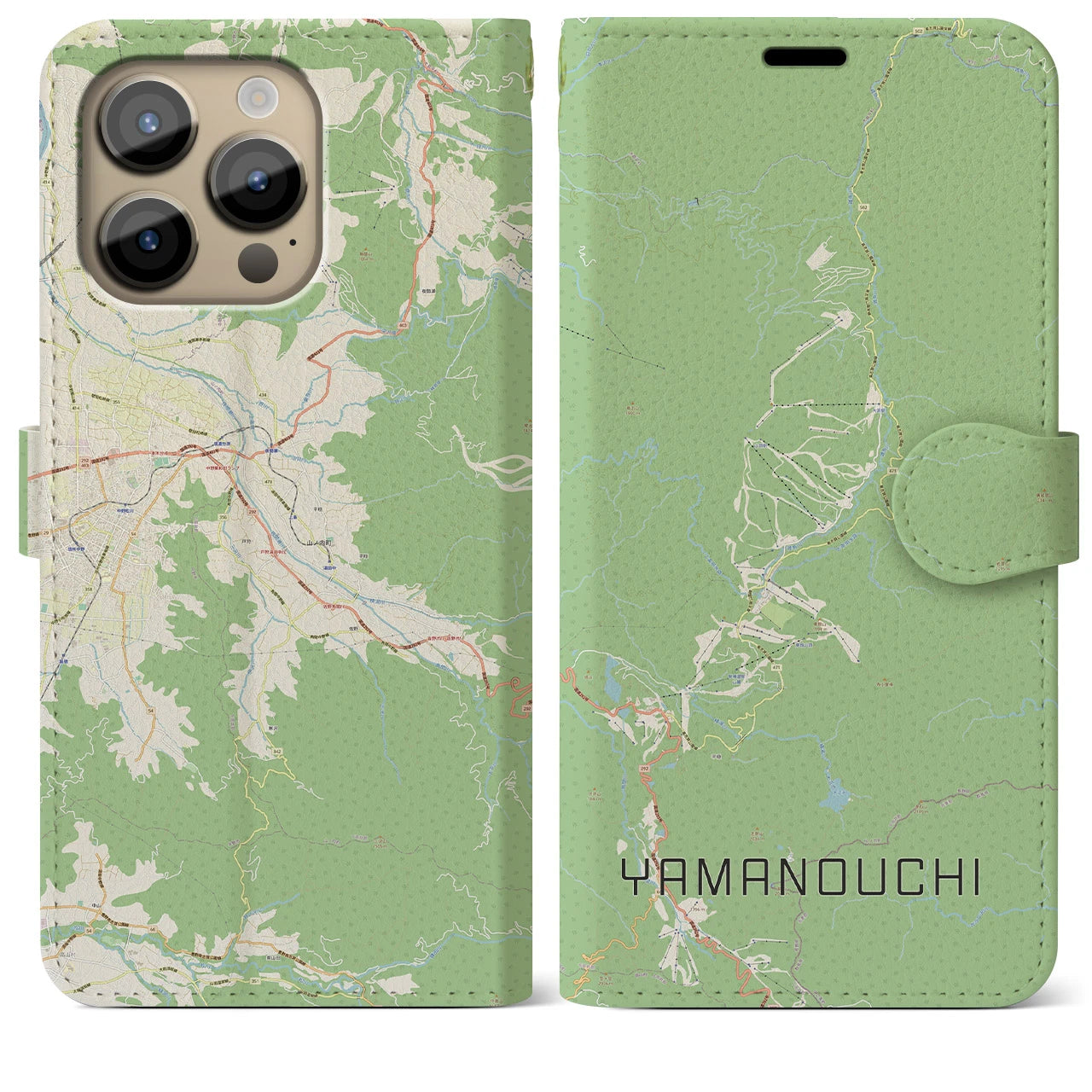 【山ノ内(長野県)】地図柄iPhoneケース(手帳タイプ)ナチュラル・iPhone 14 Pro Max 用
