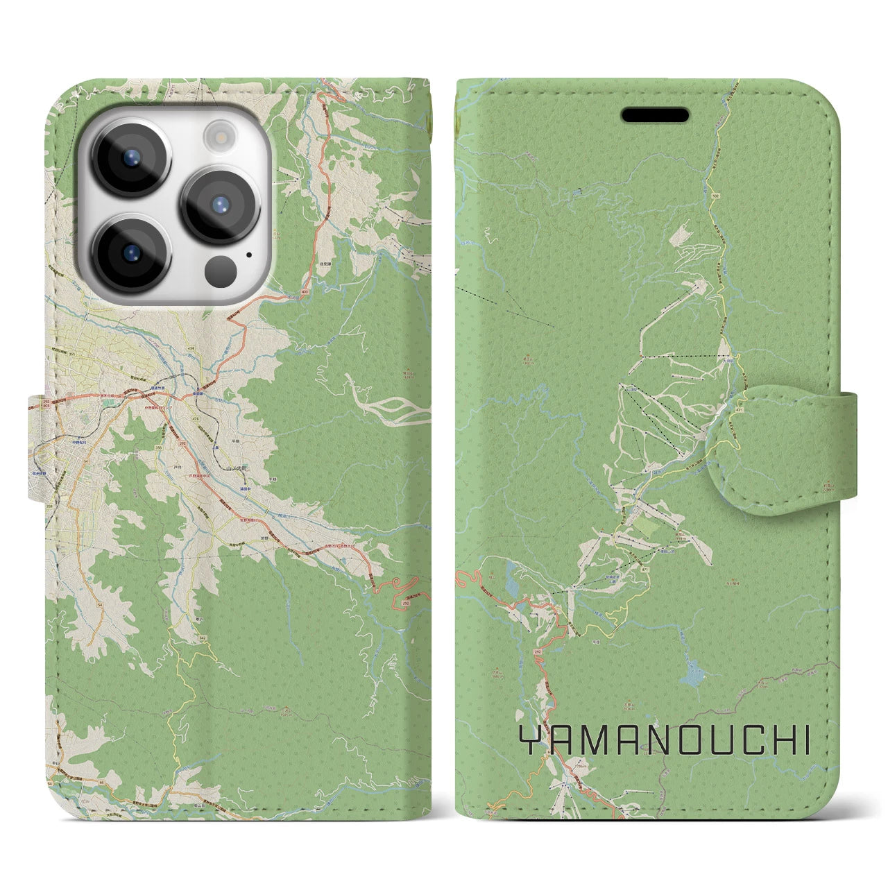【山ノ内(長野県)】地図柄iPhoneケース(手帳タイプ)ナチュラル・iPhone 14 Pro 用