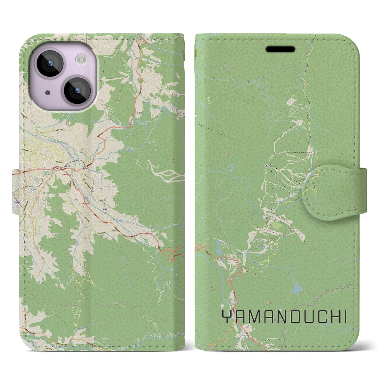 【山ノ内(長野県)】地図柄iPhoneケース(手帳タイプ)ナチュラル・iPhone 14 用