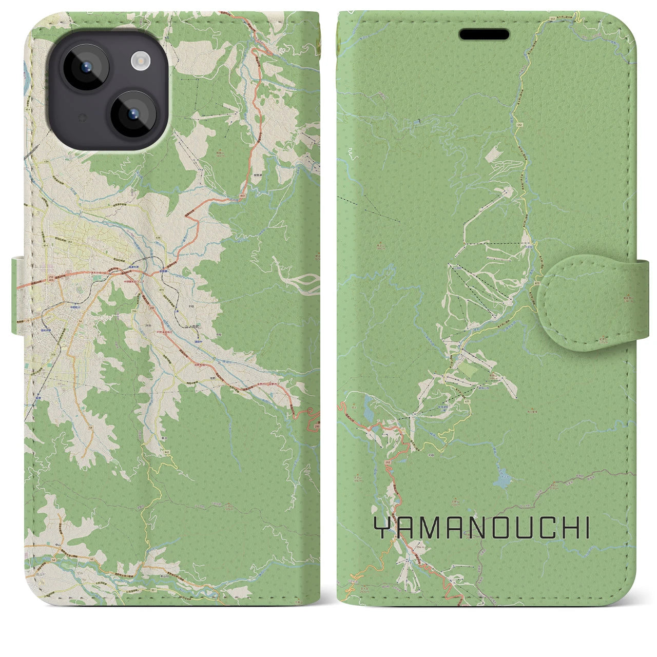 【山ノ内(長野県)】地図柄iPhoneケース(手帳タイプ)ナチュラル・iPhone 14 Plus 用