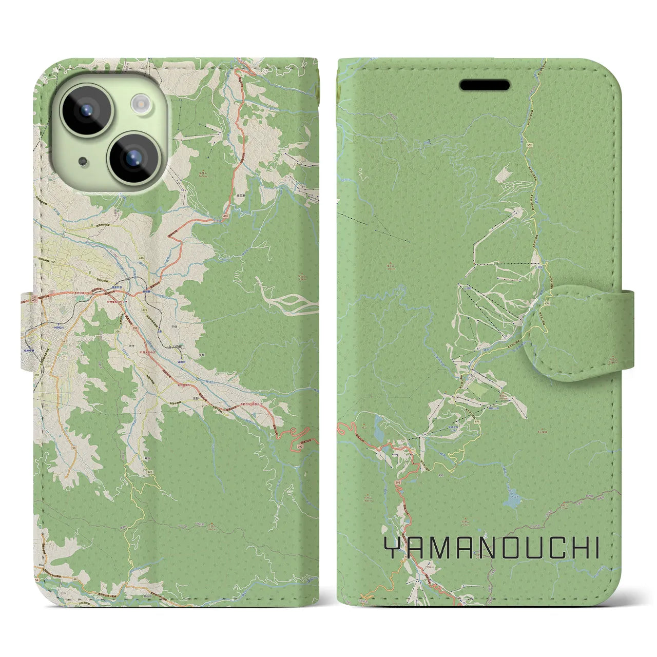 【山ノ内(長野県)】地図柄iPhoneケース(手帳タイプ)ナチュラル・iPhone 15 用