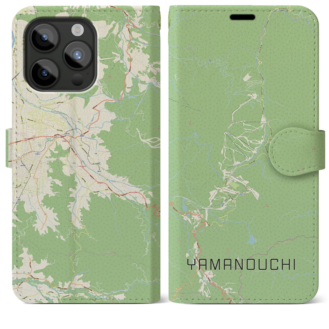 【山ノ内(長野県)】地図柄iPhoneケース(手帳タイプ)ナチュラル・iPhone 15 Pro Max 用