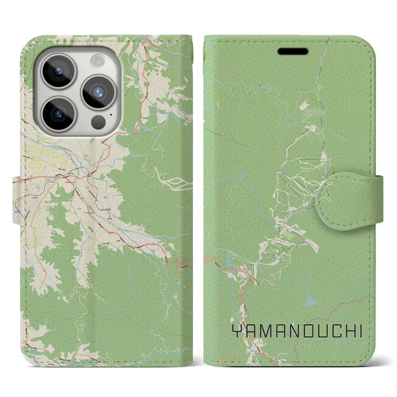 【山ノ内(長野県)】地図柄iPhoneケース(手帳タイプ)ナチュラル・iPhone 15 Pro 用