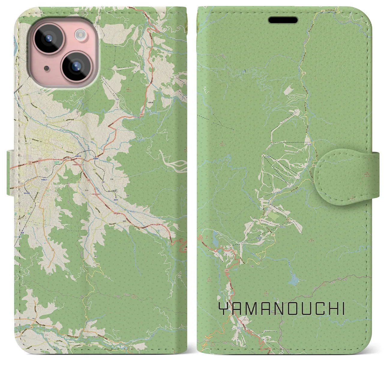 【山ノ内(長野県)】地図柄iPhoneケース(手帳タイプ)ナチュラル・iPhone 15 Plus 用