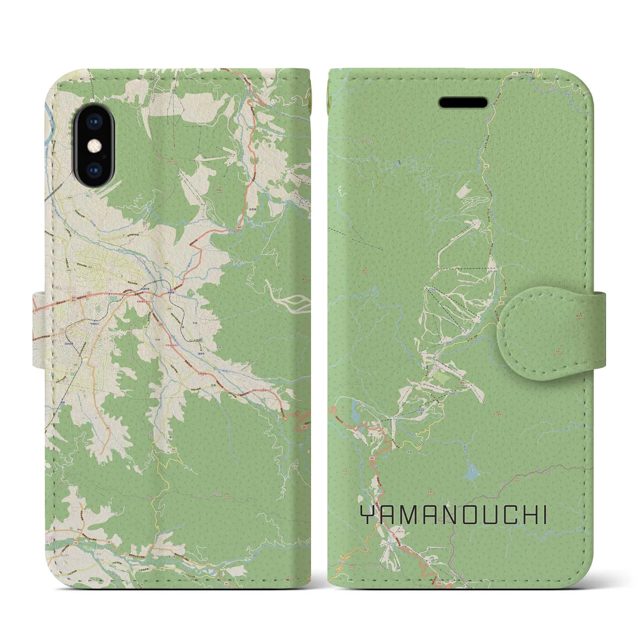 【山ノ内(長野県)】地図柄iPhoneケース(手帳タイプ)ナチュラル・iPhone XS / X 用