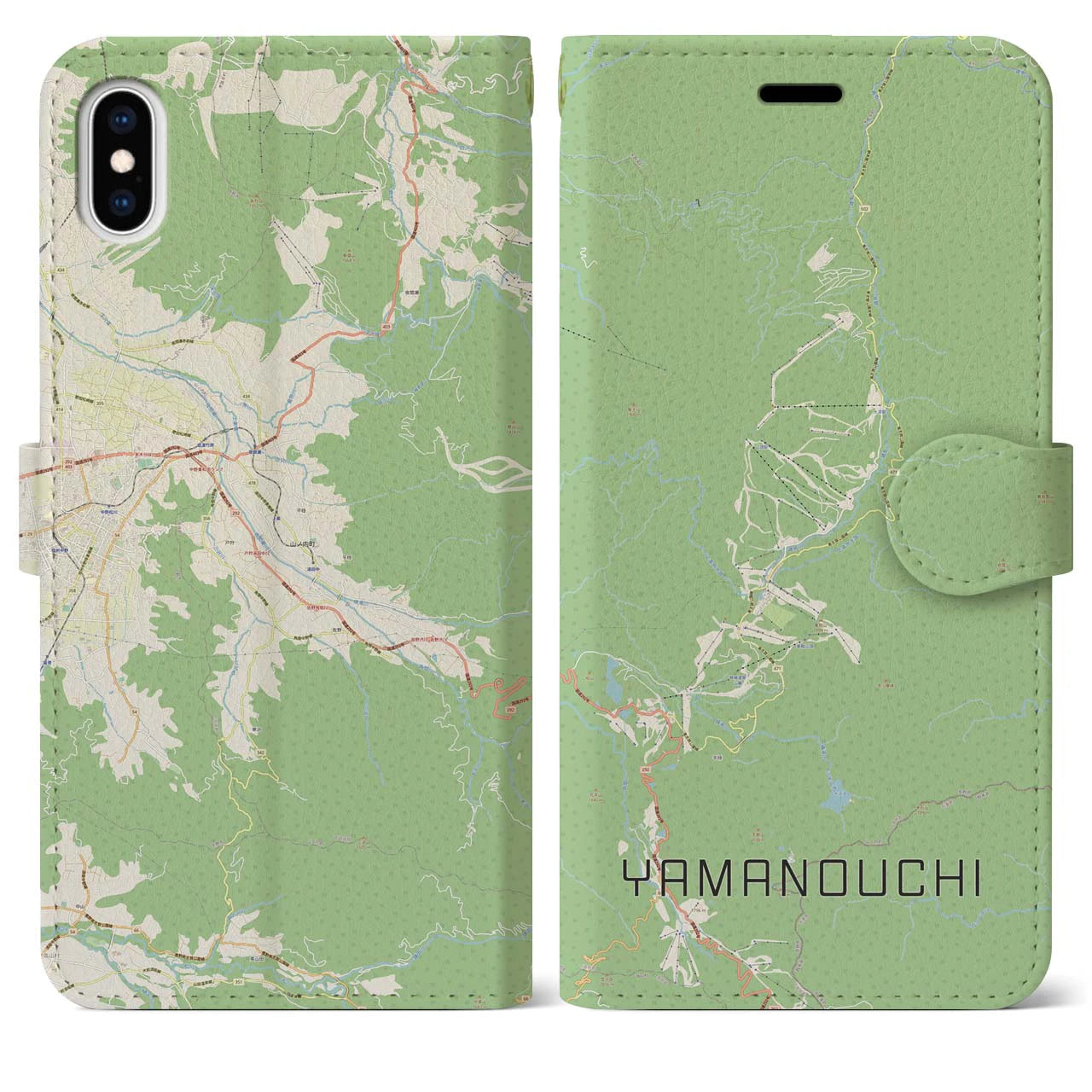 【山ノ内(長野県)】地図柄iPhoneケース(手帳タイプ)ナチュラル・iPhone XS Max 用