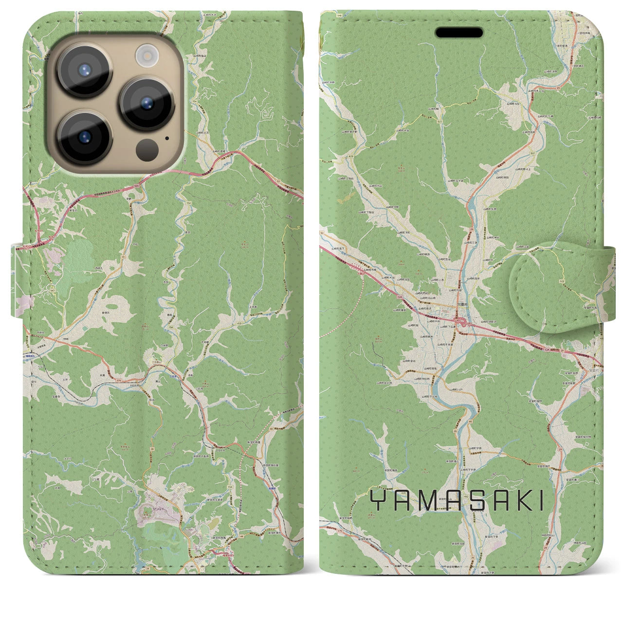 【山崎(兵庫県)】地図柄iPhoneケース(手帳タイプ)ナチュラル・iPhone 14 Pro Max 用