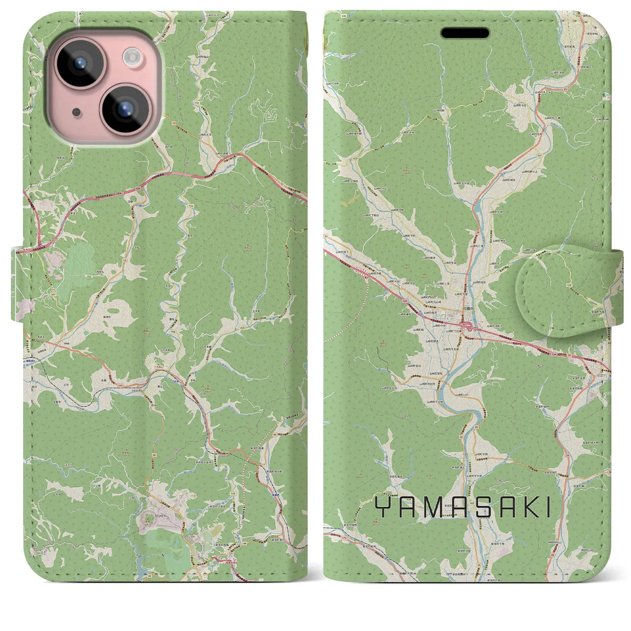 【山崎(兵庫県)】地図柄iPhoneケース(手帳タイプ)ナチュラル・iPhone 15 Plus 用