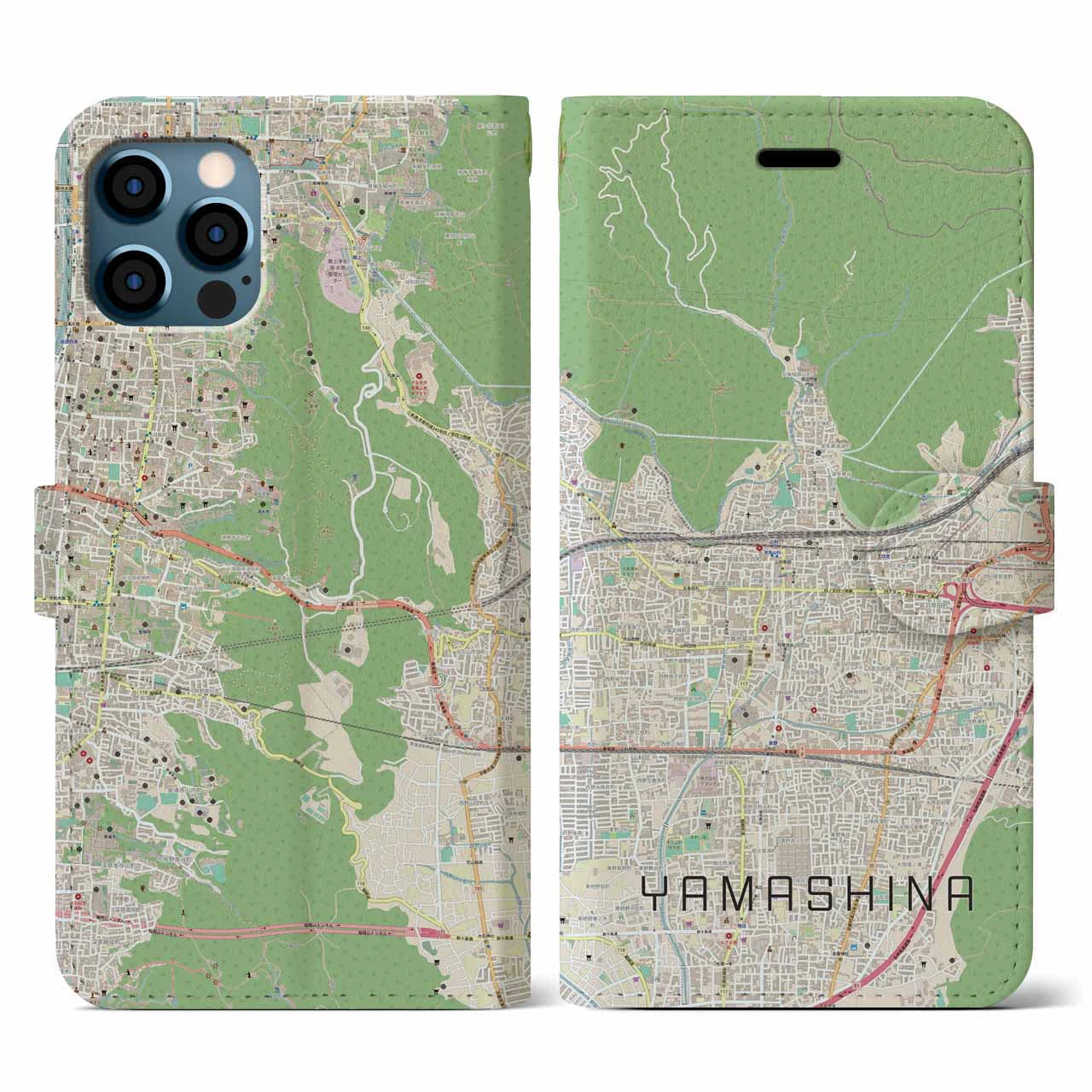 【山科(京都府)】地図柄iPhoneケース(手帳タイプ)ナチュラル・iPhone 12 / 12 Pro 用