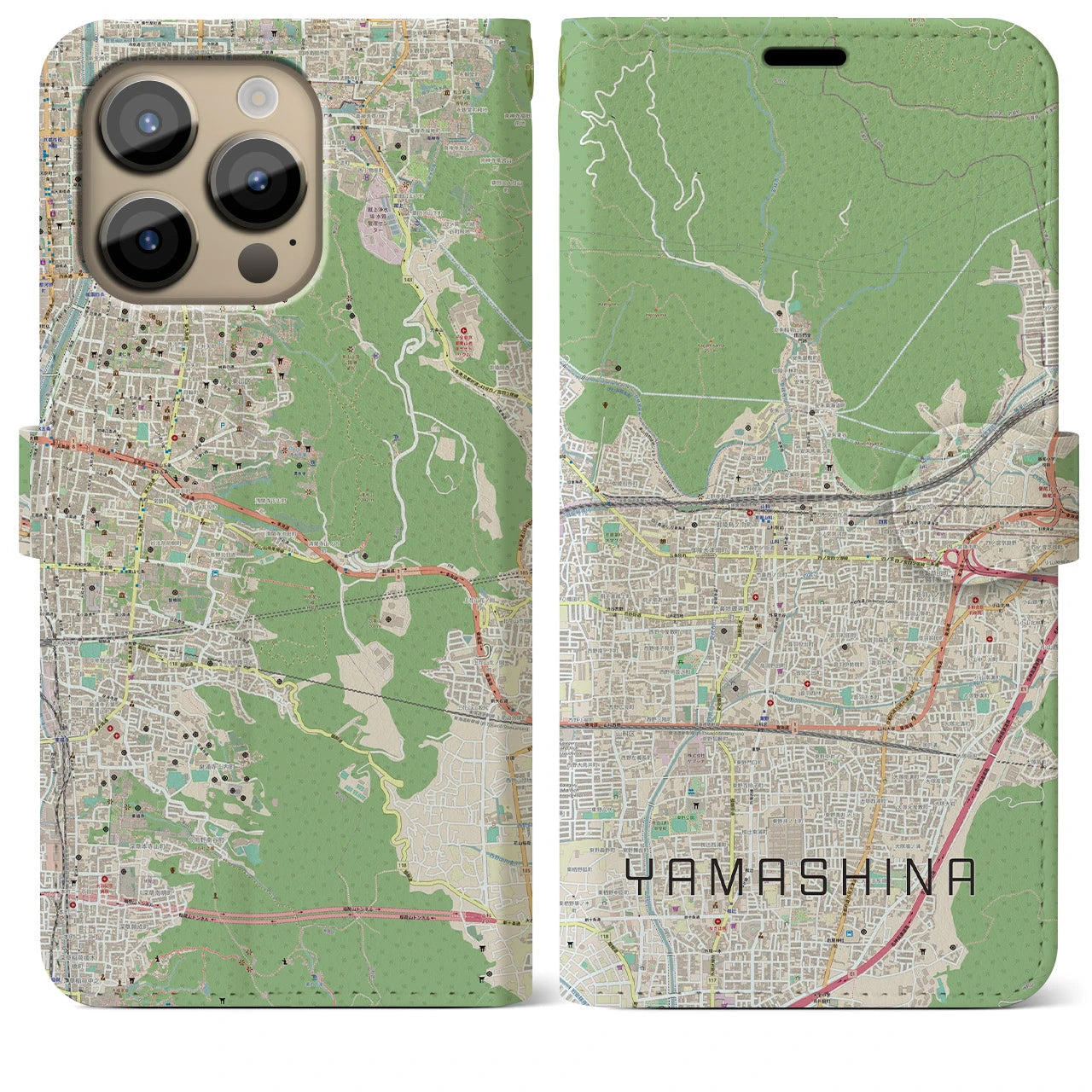 【山科(京都府)】地図柄iPhoneケース(手帳タイプ)ナチュラル・iPhone 14 Pro Max 用