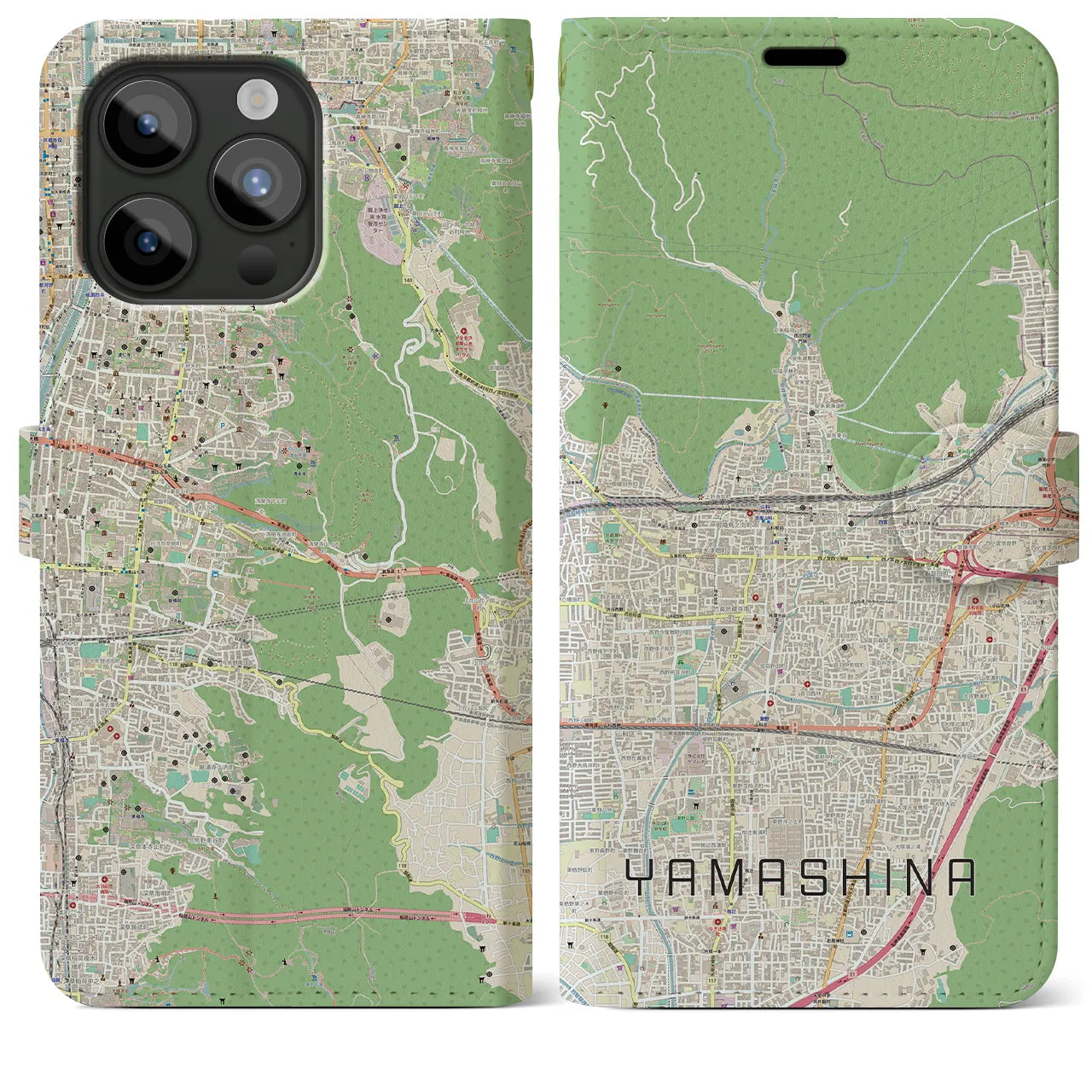 【山科(京都府)】地図柄iPhoneケース(手帳タイプ)ナチュラル・iPhone 15 Pro Max 用
