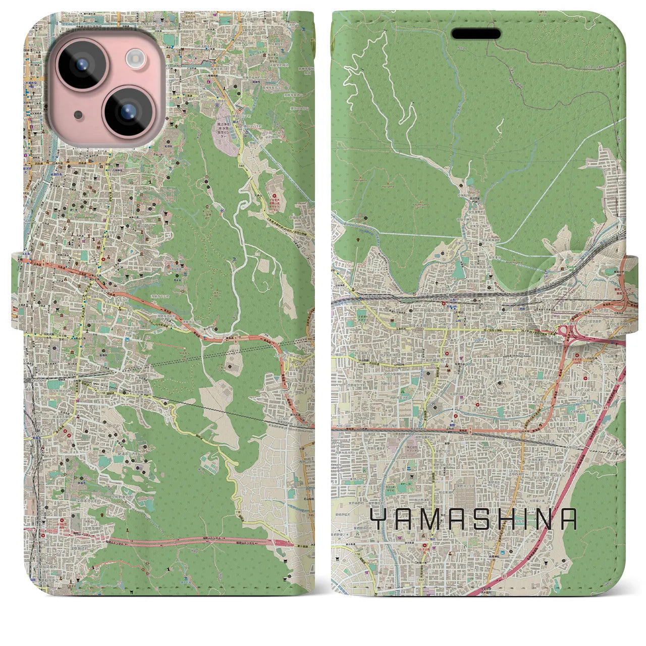 【山科(京都府)】地図柄iPhoneケース(手帳タイプ)ナチュラル・iPhone 15 Plus 用