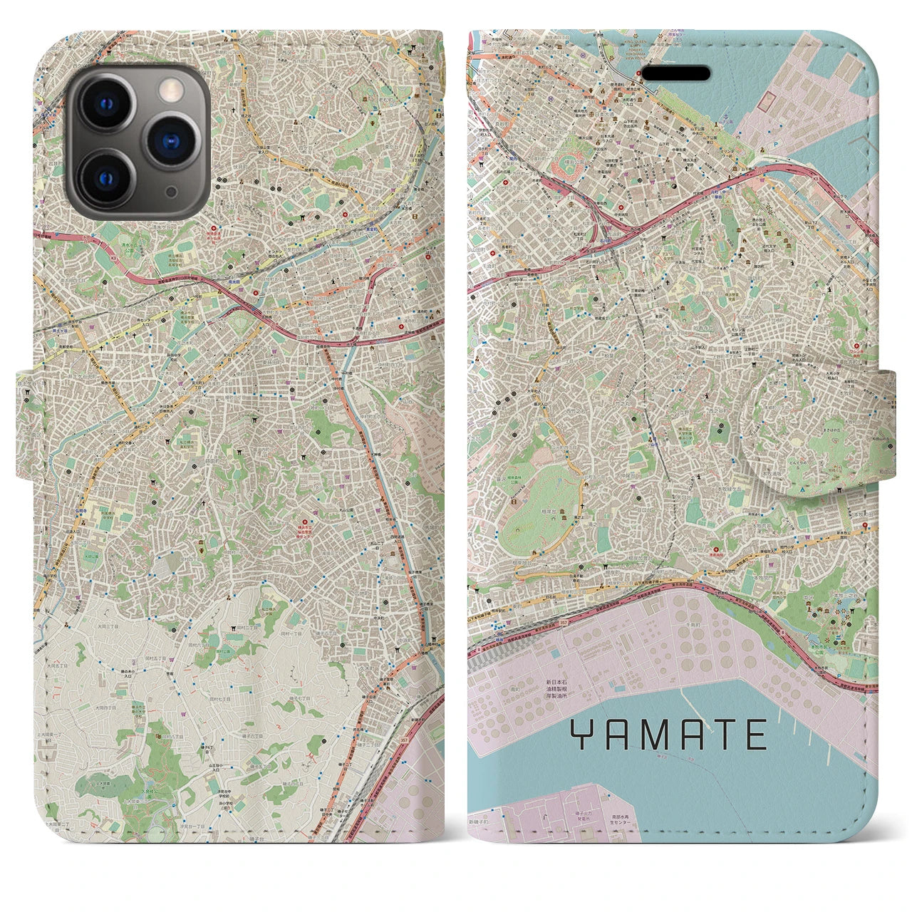 【山手(神奈川県)】地図柄iPhoneケース(手帳タイプ)ナチュラル・iPhone 11 Pro Max 用