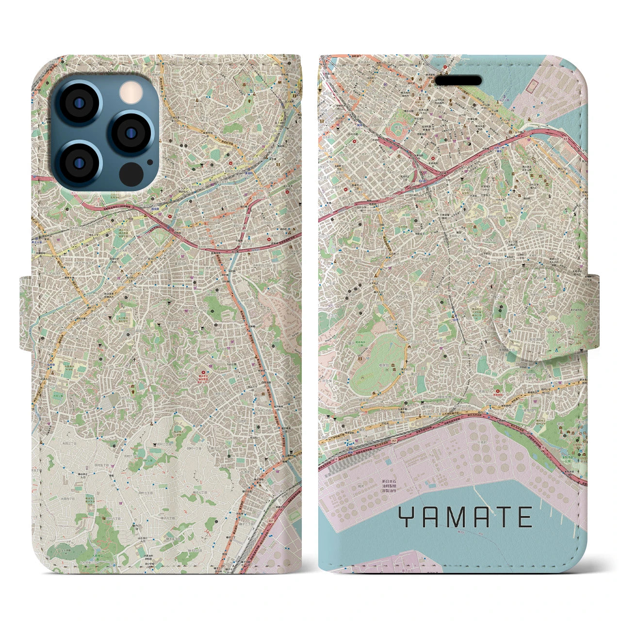 【山手(神奈川県)】地図柄iPhoneケース(手帳タイプ)ナチュラル・iPhone 12 / 12 Pro 用