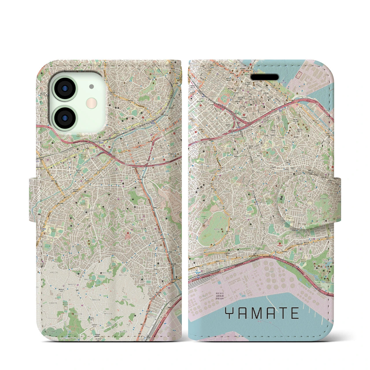 【山手(神奈川県)】地図柄iPhoneケース(手帳タイプ)ナチュラル・iPhone 12 mini 用