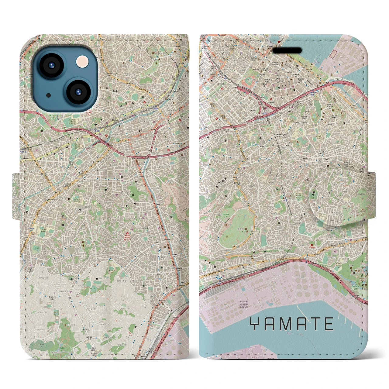 【山手(神奈川県)】地図柄iPhoneケース(手帳タイプ)ナチュラル・iPhone 13 用