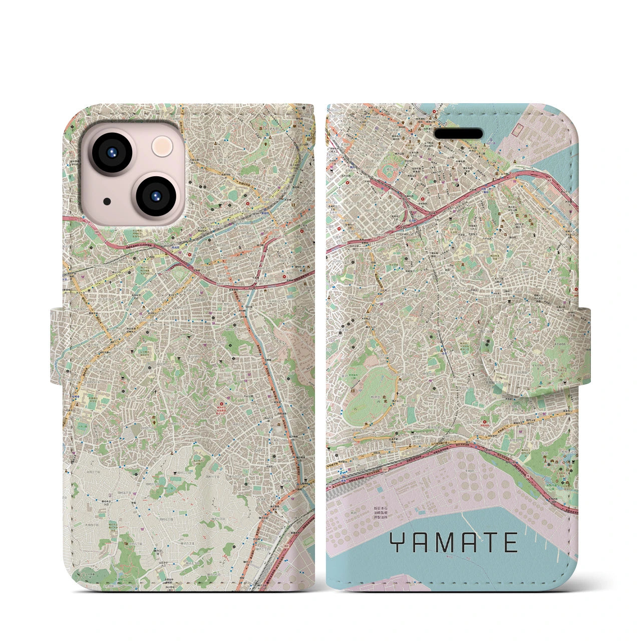 【山手(神奈川県)】地図柄iPhoneケース(手帳タイプ)ナチュラル・iPhone 13 mini 用