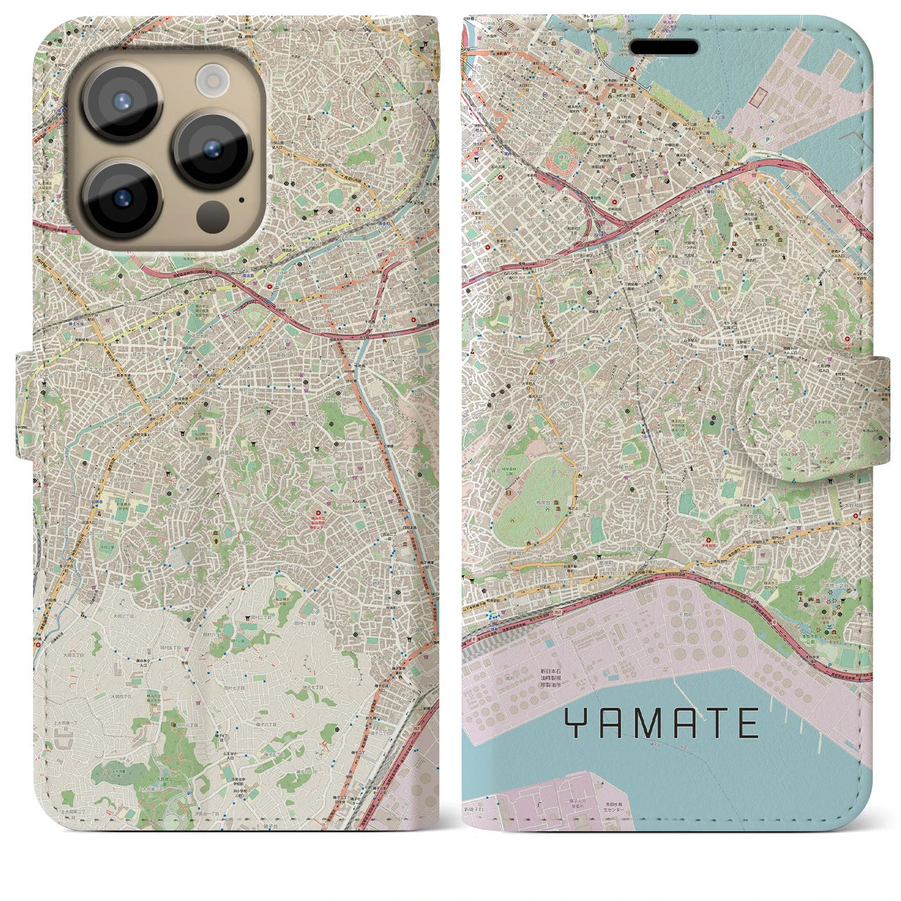 【山手(神奈川県)】地図柄iPhoneケース(手帳タイプ)ナチュラル・iPhone 14 Pro Max 用