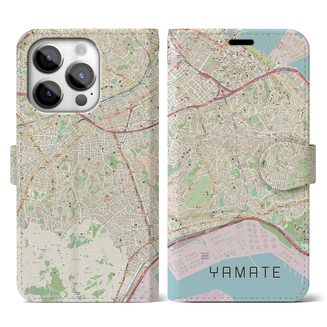 【山手(神奈川県)】地図柄iPhoneケース(手帳タイプ)ナチュラル・iPhone 14 Pro 用