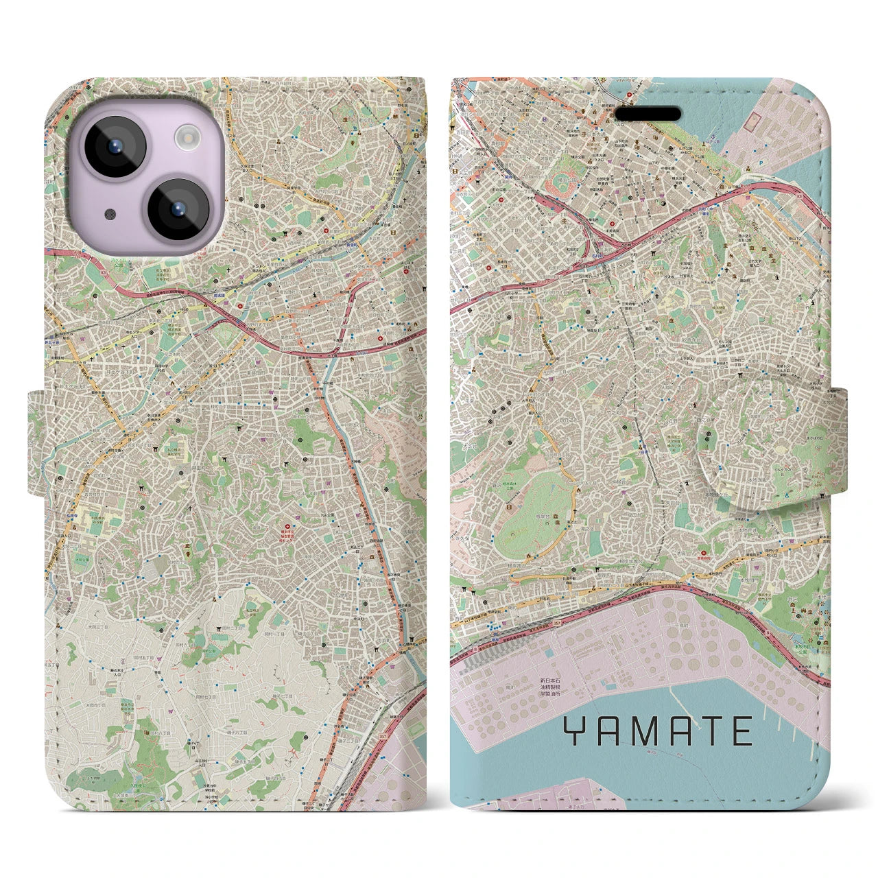 【山手(神奈川県)】地図柄iPhoneケース(手帳タイプ)ナチュラル・iPhone 14 用