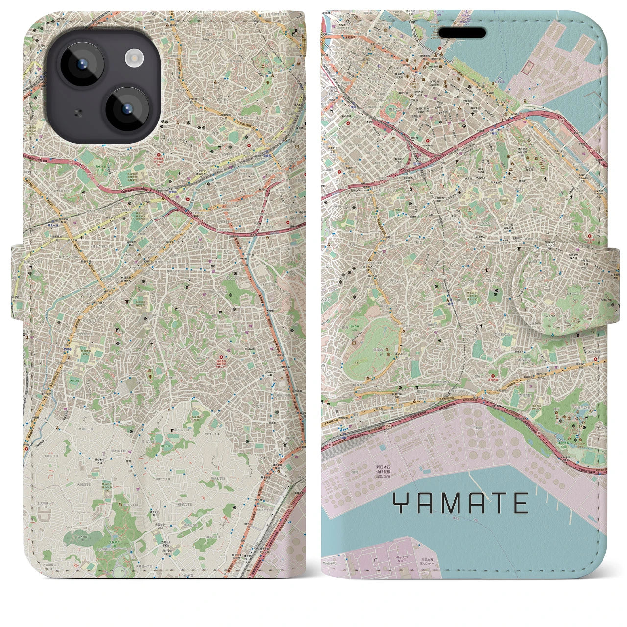 【山手(神奈川県)】地図柄iPhoneケース(手帳タイプ)ナチュラル・iPhone 14 Plus 用