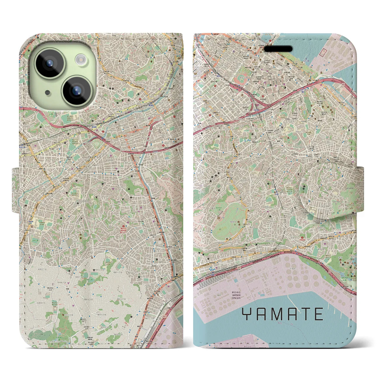 【山手(神奈川県)】地図柄iPhoneケース(手帳タイプ)ナチュラル・iPhone 15 用