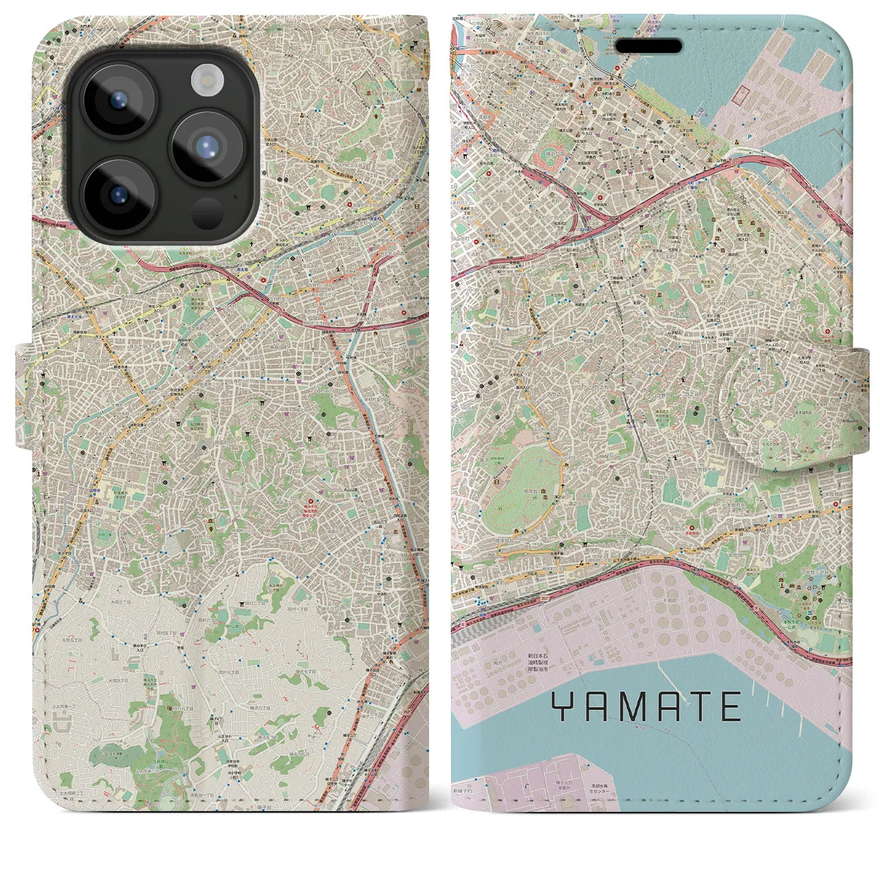 【山手(神奈川県)】地図柄iPhoneケース(手帳タイプ)ナチュラル・iPhone 15 Pro Max 用