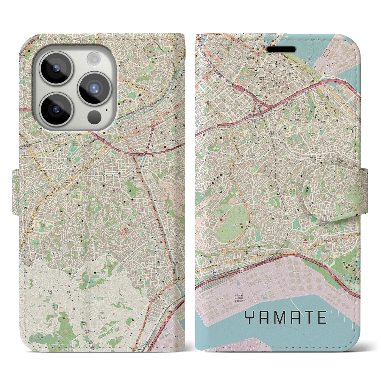 【山手(神奈川県)】地図柄iPhoneケース(手帳タイプ)ナチュラル・iPhone 15 Pro 用