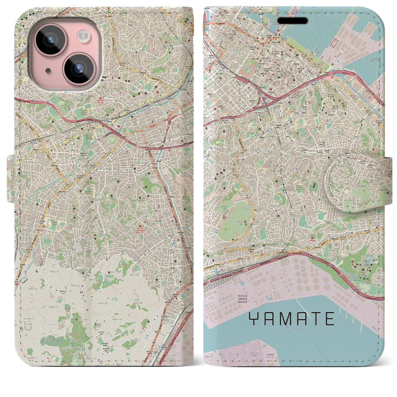 【山手(神奈川県)】地図柄iPhoneケース(手帳タイプ)ナチュラル・iPhone 15 Plus 用
