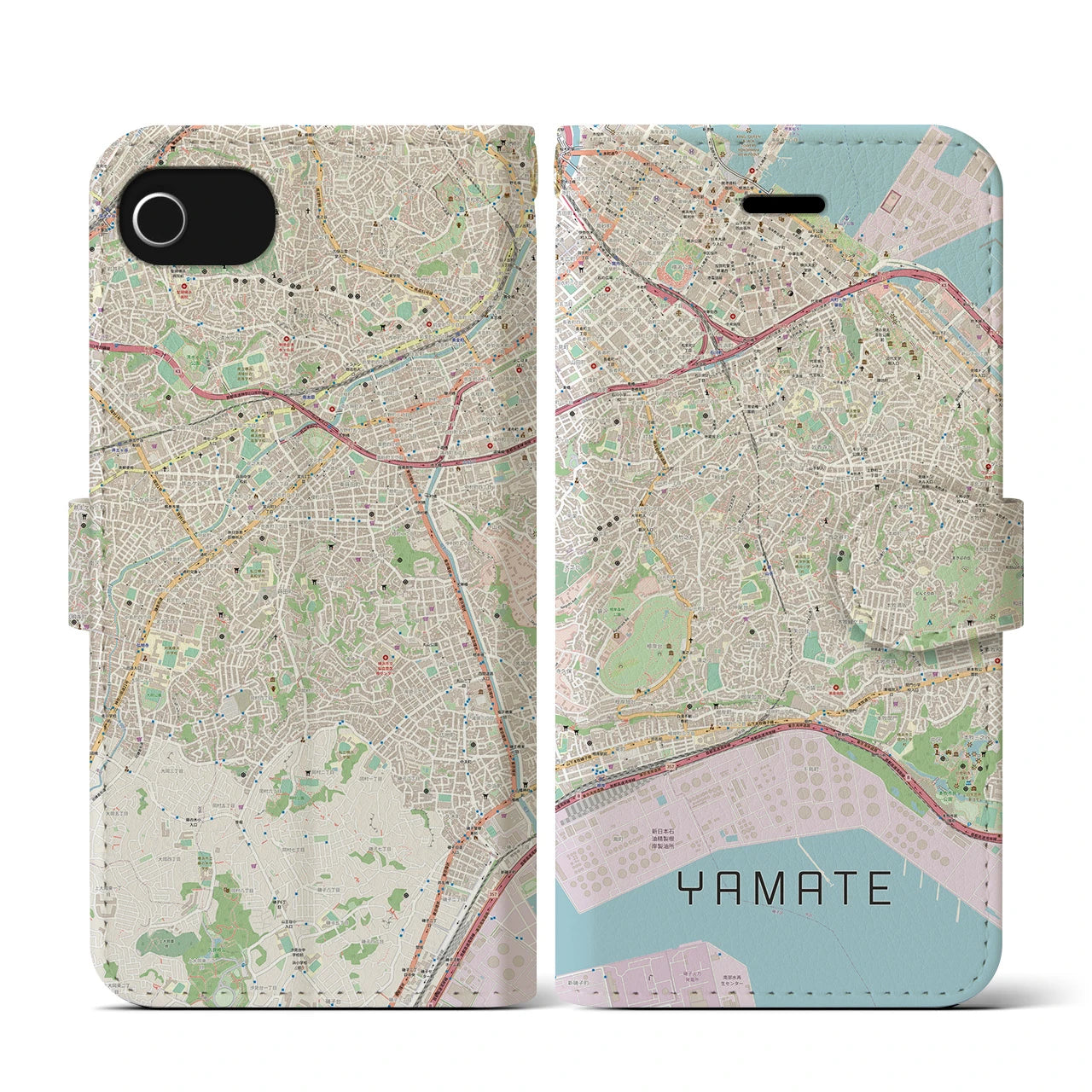 【山手(神奈川県)】地図柄iPhoneケース(手帳タイプ)ナチュラル・iPhone SE(第3 / 第2世代) / 8 / 7 / 6s / 6 用