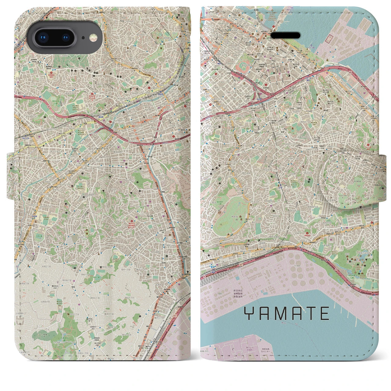 【山手(神奈川県)】地図柄iPhoneケース(手帳タイプ)ナチュラル・iPhone 8Plus /7Plus / 6sPlus / 6Plus 用