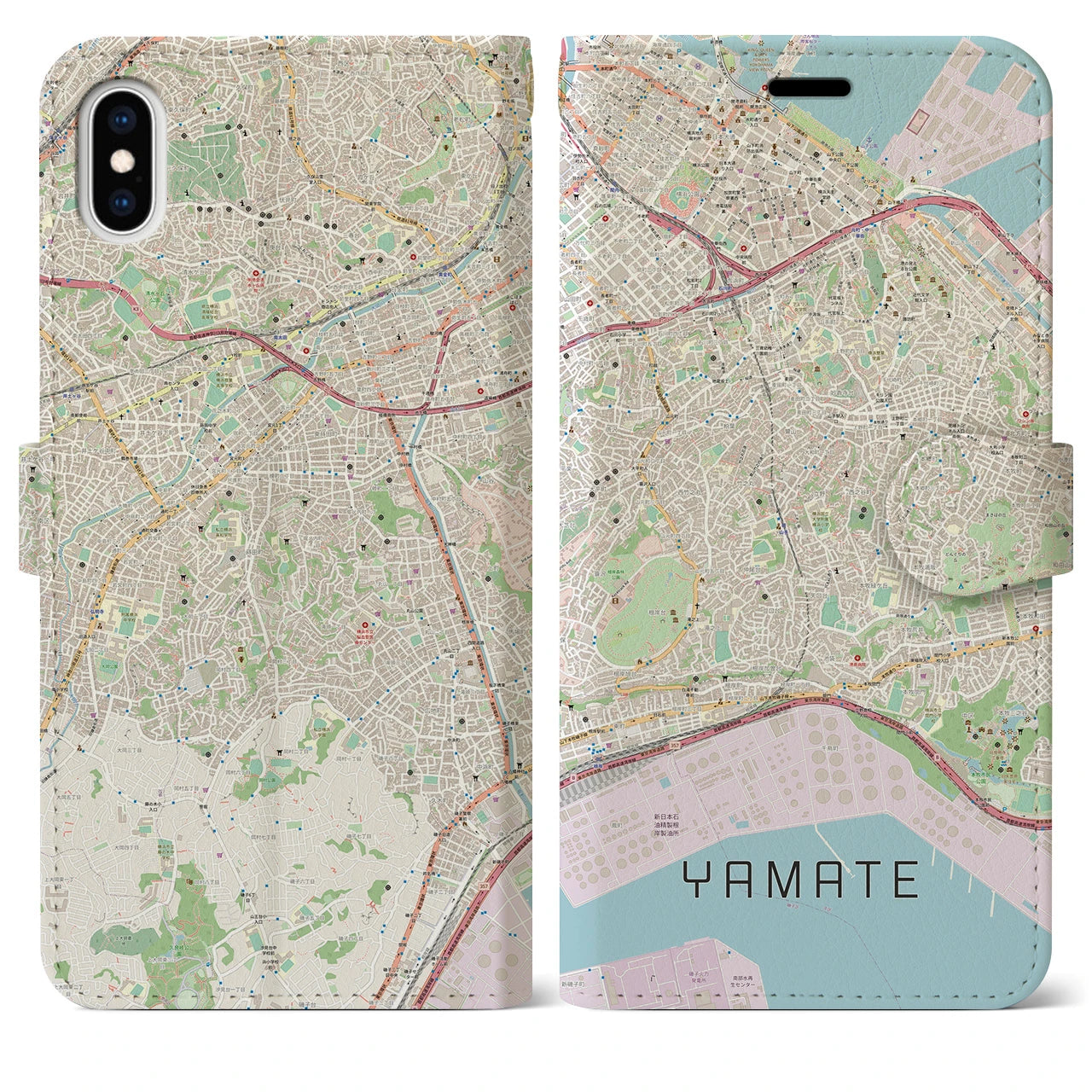 【山手(神奈川県)】地図柄iPhoneケース(手帳タイプ)ナチュラル・iPhone XS Max 用