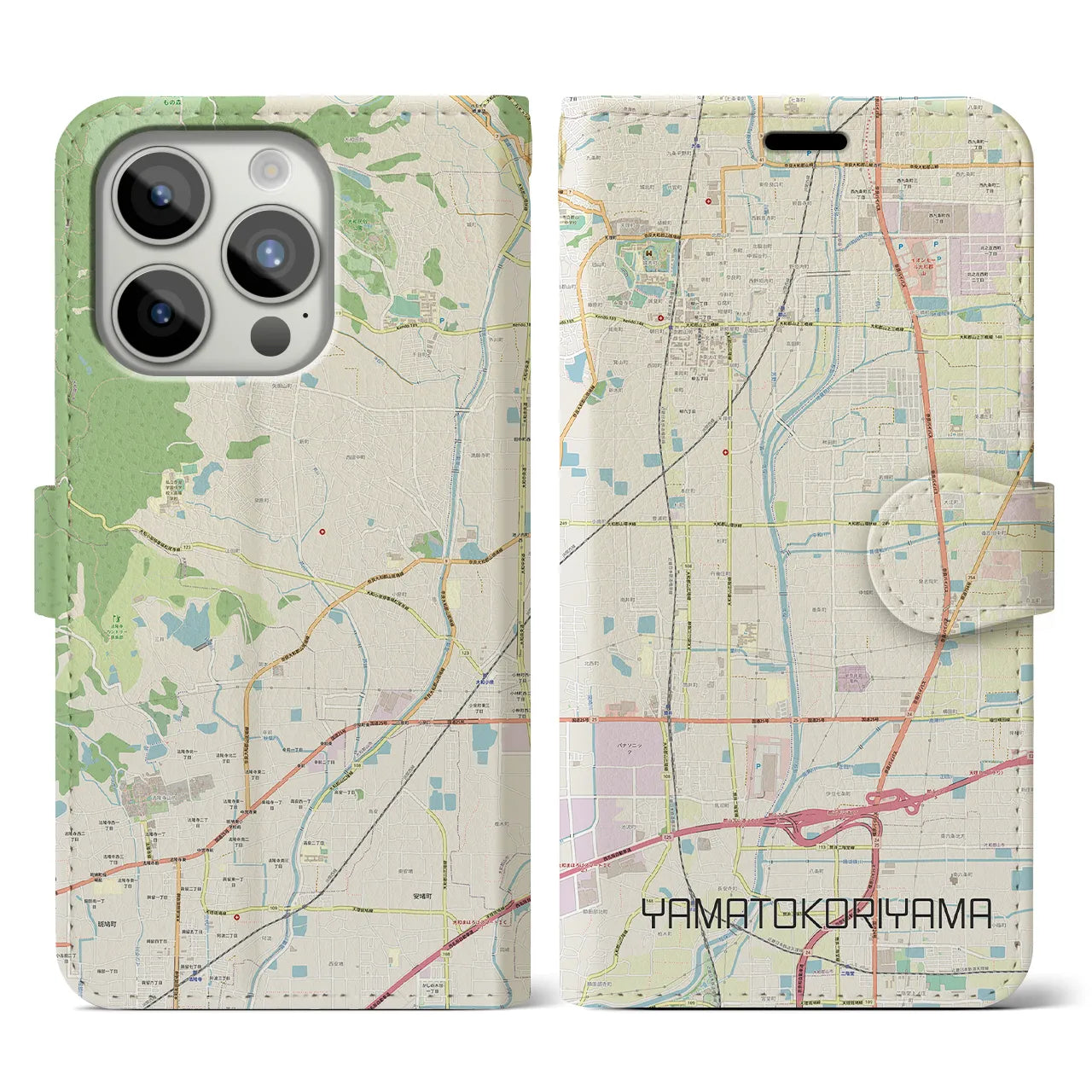 【大和郡山(奈良県)】地図柄iPhoneケース(手帳タイプ)ナチュラル・iPhone 15 Pro 用